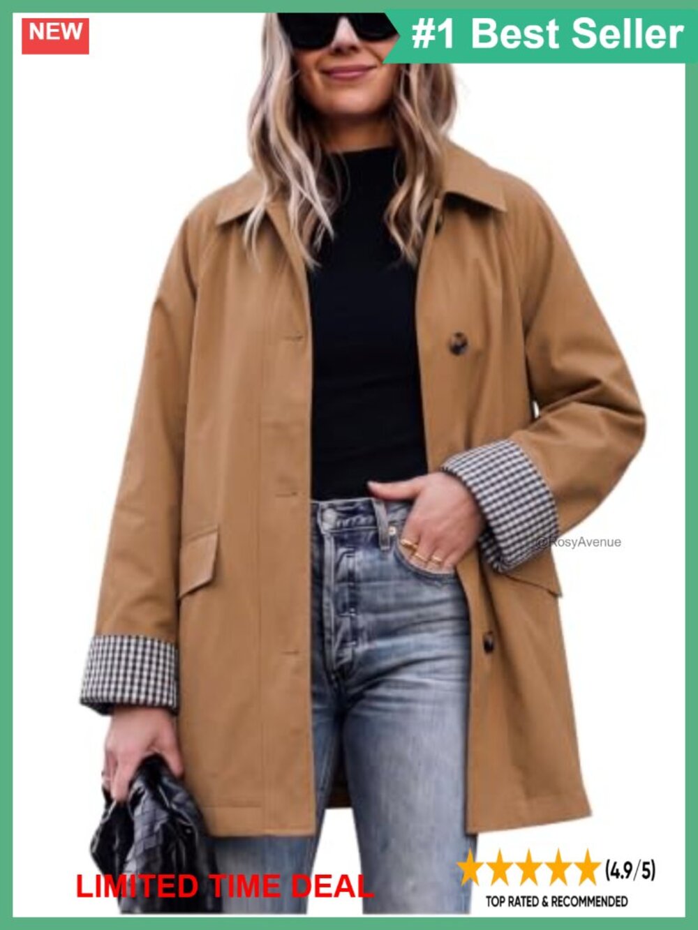 Lightweight Trench Coat Button Front Plaid Lining Mid-Length A-Line